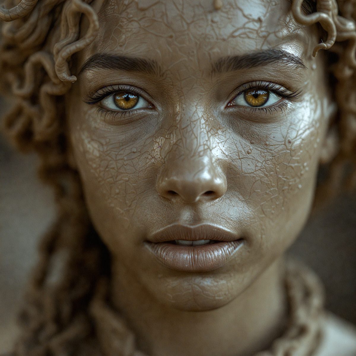 The primary subject of the image is a woman with a unique appearance. She has a brown, shiny skin, which gives her a distinctive look. The setting is a close-up of her face, and the visual style is a photo. The colors in the image are predominantly brown, and the overall atmosphere is intriguing and captivating.